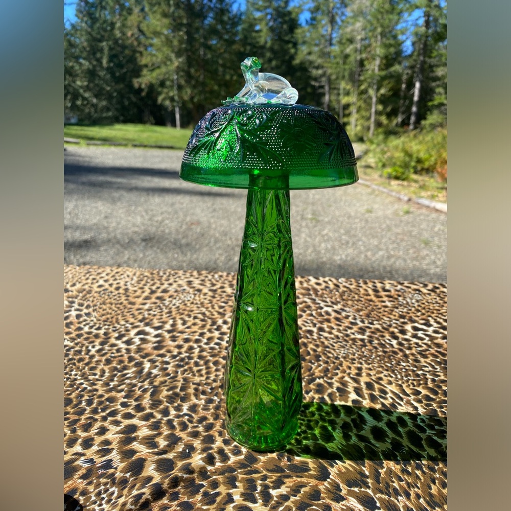 Vintage Green Glass Mushroom Art with Frog Topper
